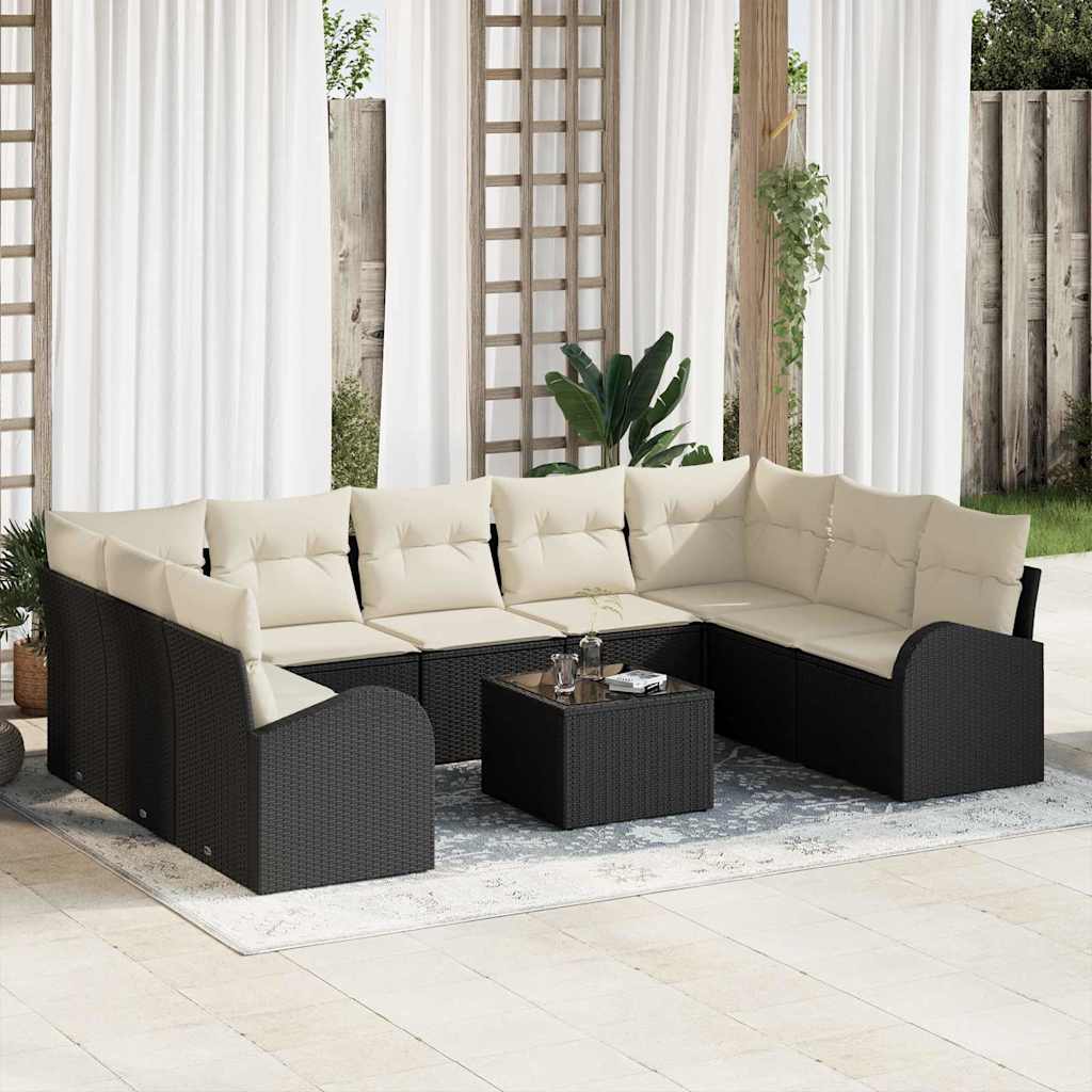 Garten-Sofa-Set mit Kissen 10 pcs Schwarz und Weiß Poly Rattan